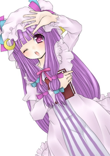 jyako, patchouli knowledge, touhou, 1girl, ;d, arm up, blush, book, bow, crescent, dress, dutch angle, female focus, frills, hat, holding, holding book, long hair, long sleeves, looking at viewer, mob cap, one eye closed, open mouth, pink bow, pink dress, pink eyes, purple hair, smile, solo, upper body, very long hair