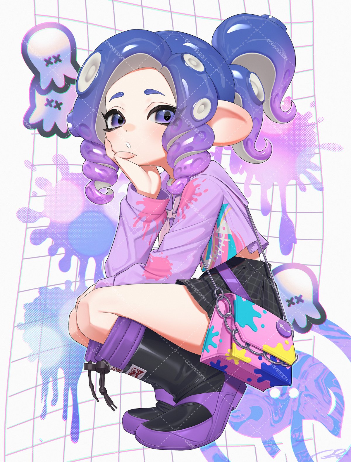 puchiman, octoling girl, octoling player character, nintendo, splatoon (series), commentary, commission, highres, symbol-only commentary, 1girl, bag, black boots, black skirt, boots, crop top, fingernails, full body, hand on own face, looking at viewer, multicolored boots, octoling, parted bangs, parted lips, pink bag, ponytail, print shirt, purple boots, purple eyes, purple hair, purple shirt, sharp fingernails, shirt, shoulder bag, skirt, solo, splatter print, squatting, tentacle hair, two-tone boots, watermark, watermark grid