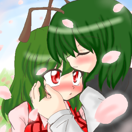 akasode (tyaramu), kazami yuuka, wriggle nightbug, touhou, lowres, 2girls, blush, female focus, green hair, hug, multiple girls, red eyes, tears, yuri