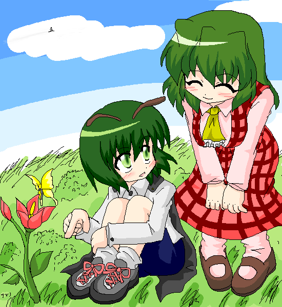 akasode (tyaramu), kazami yuuka, wriggle nightbug, touhou, 2girls, antennae, ascot, bug, butterfly, cape, closed eyes, dress, female focus, flower, green eyes, green hair, insect, leaning forward, long skirt, mary janes, multiple girls, nature, plaid clothes, plaid skirt, plaid vest, red skirt, shoes, short hair, sitting, skirt, skirt set, smile, sneakers, vest