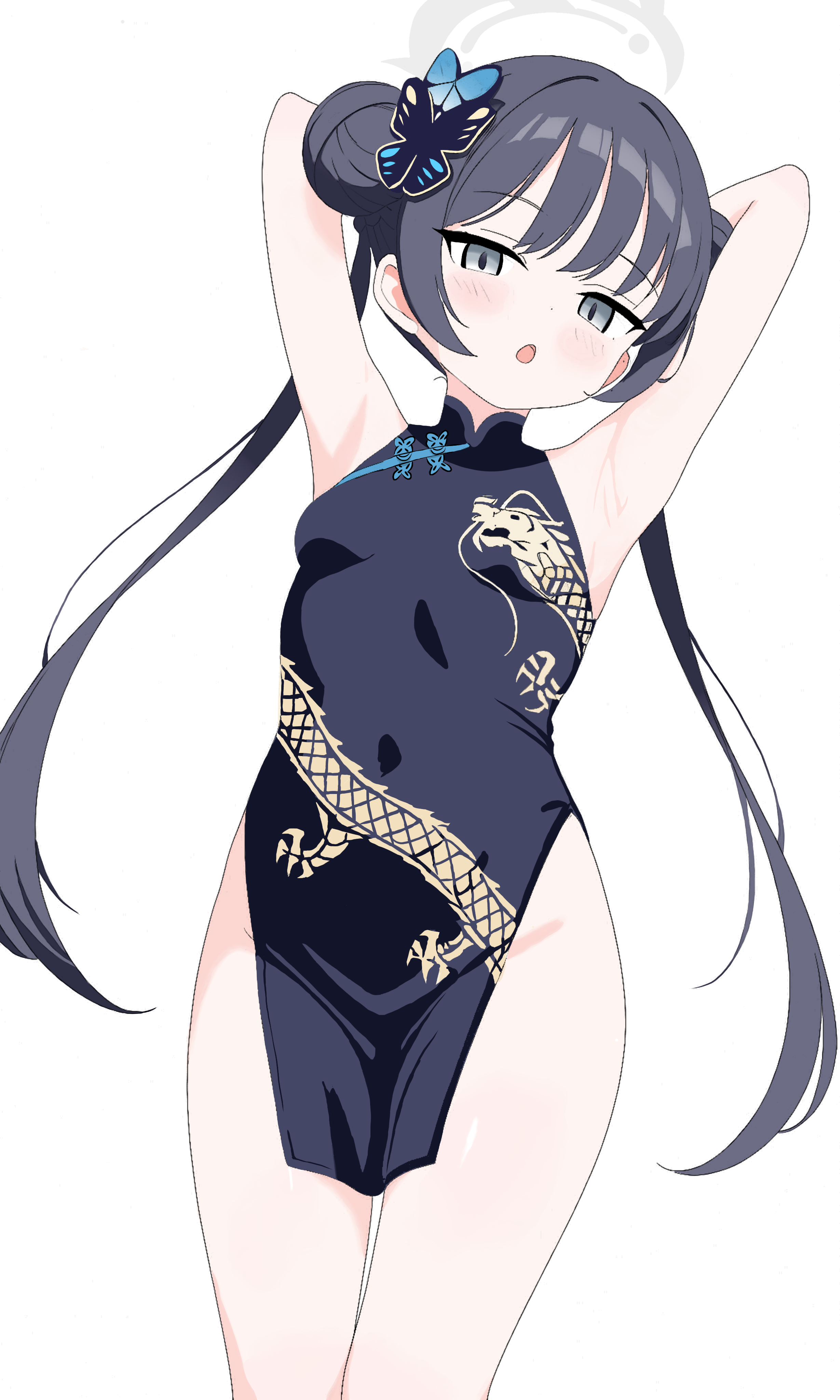 risa rierisa, kisaki (blue archive), blue archive, absurdres, commentary, highres, 1girl, armpits, arms behind head, black dress, black hair, breasts, butterfly hair ornament, chestnut mouth, china dress, chinese clothes, cowboy shot, double bun, dragon print, dress, grey eyes, grey halo, groin, hair between eyes, hair bun, hair ornament, halo, long hair, looking at viewer, no panties, parted lips, presenting armpit, print dress, side slit, sidelocks, simple background, sleeveless, sleeveless dress, small breasts, solo, twintails, white background