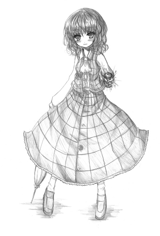 kurona, kazami yuuka, touhou, 1girl, apple, ascot, closed umbrella, destruction, female focus, food, fruit, greyscale, monochrome, plaid clothes, plaid skirt, plaid vest, short hair, skirt, skirt set, solo, umbrella, vest
