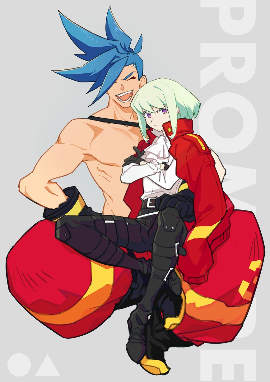 jionghai, galo thymos, lio fotia, promare, highres, 2boys, ascot, black gloves, black pants, blue hair, closed eyes, closed mouth, collared shirt, copyright name, crossed arms, full body, gloves, green hair, grey background, jacket, jacket on shoulders, looking at viewer, male focus, multiple boys, open mouth, pants, purple eyes, red jacket, red pants, shirt, short hair, simple background, sitting, sitting on lap, sitting on person, smile, teeth, topless male, white ascot, white shirt