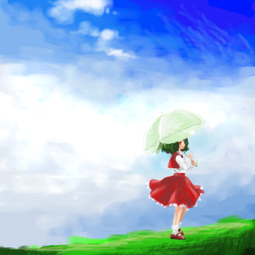 kazami yuuka, touhou, lowres, 1girl, cloud, day, female focus, gradient background, green hair, nature, outdoors, plant, red eyes, skirt, sky, socks, solo, umbrella