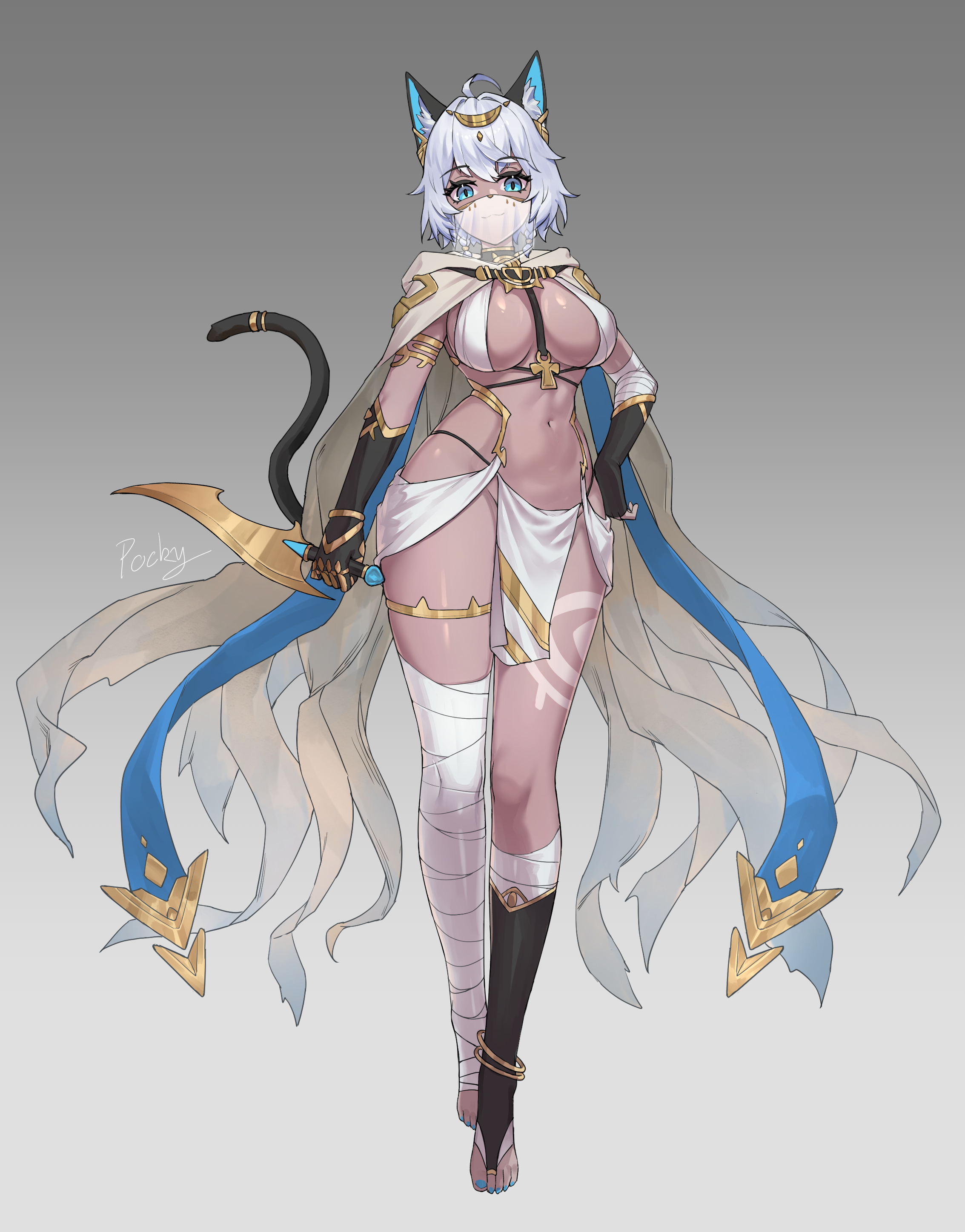 little nine, original, gold armlet, absurdres, commentary request, highres, 1girl, :3, ahoge, ancient egyptian clothes, animal ear fluff, animal ears, ankh, bandaged arm, bandaged leg, bandages, between breasts, bikini, bikini top only, black gloves, blue eyes, blue nails, breasts, bridal legwear, cat ears, cat girl, cat tail, cloak, colored inner animal ears, dagger, dark-skinned female, dark skin, elbow gloves, fingerless gloves, full body, gloves, gold thighlet, holding, holding dagger, holding knife, holding weapon, knife, large breasts, looking at viewer, mouth veil, nail polish, navel, pelvic curtain, see-through clothes, see-through veil, short hair, simple background, single fingerless glove, sling bikini top, slit pupils, standing, stomach, strap between breasts, swimsuit, tail, tan, tan tattoo, toenail polish, toenails, toes, veil, weapon, white bikini, white cloak, white hair, white veil