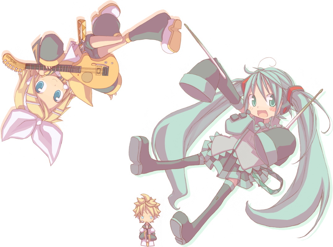 kuro (kuroneko no kanzume), hatsune miku, kagamine rin, vocaloid, 2girls, aqua hair, blue eyes, guitar, hair ornament, hairclip, instrument, long hair, multiple girls, necktie, ribbon, short hair, thighhighs, twintails, very long hair