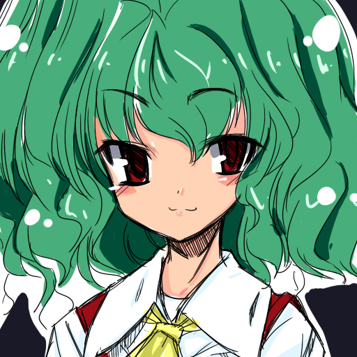 kiku hitomoji, kazami yuuka, touhou, 1girl, :3, ascot, female focus, green hair, portrait, red eyes, short hair, solo, vest