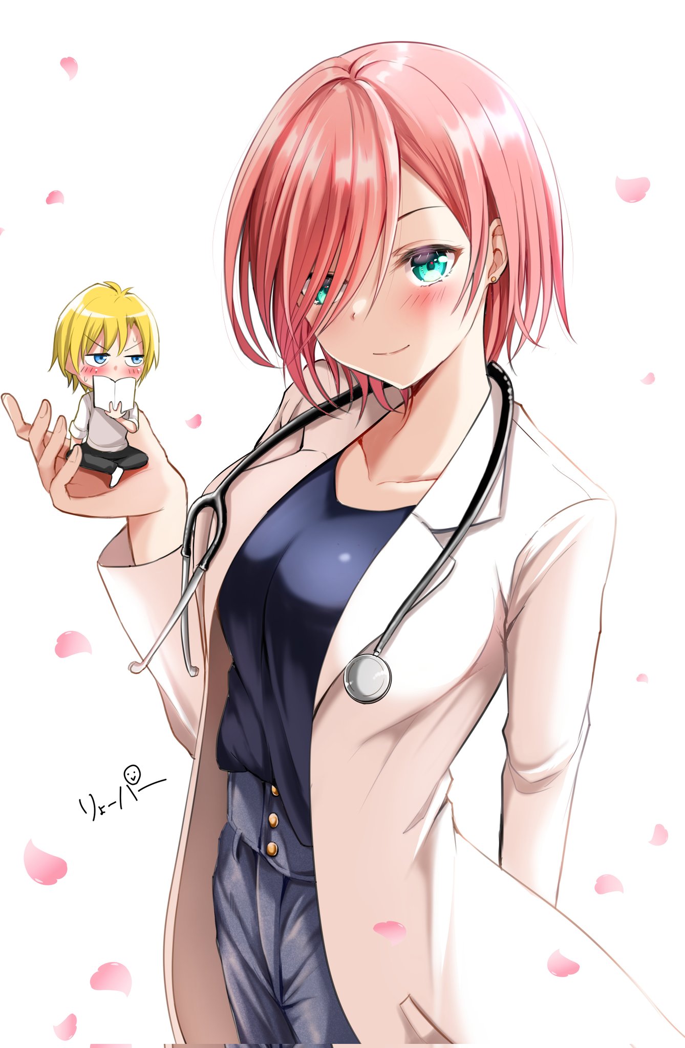 ryopa, anekouji mahiru, kamihate uryuu, amagami-san chi no enmusubi, commentary request, highres, 1boy, 1girl, black shirt, blonde hair, blue eyes, blue pants, blush, breasts, chibi, collarbone, hair over one eye, lab coat, medium breasts, pants, petals, pink hair, shirt, stethoscope