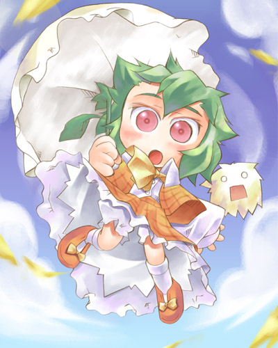 nyagakiya, kazami yuuka, kedama (touhou), touhou, lowres, 1girl, :o, ascot, chibi, cloud, day, female focus, green hair, o o, plaid clothes, plaid skirt, plaid vest, red eyes, short hair, skirt, skirt set, solo, umbrella, umbrella riding, vest
