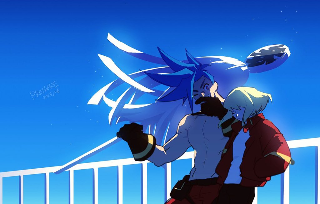 jionghai, galo thymos, lio fotia, promare, 2boys, belt pouch, black gloves, blue eyes, blue hair, blue sky, day, gloves, green hair, hands in pockets, holding, jacket, male focus, mohawk, multiple boys, pants, pouch, railing, red jacket, red pants, shirt, short hair, sky, topless male, white shirt
