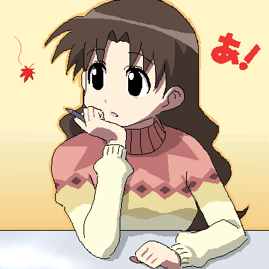 kazunari, rakugake, tanizaki yukari, azumanga daiou, lowres, 1girl, a (phrase), black eyes, brown hair, female focus, indoors, oekaki, solo, sweater, teacher