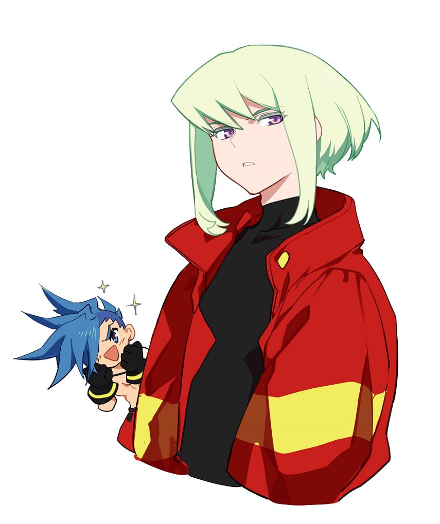 jionghai, galo thymos, lio fotia, promare, 2boys, black shirt, blue eyes, blue hair, chibi, colored eyelashes, green hair, jacket, looking at viewer, male focus, mohawk, multiple boys, purple eyes, red jacket, shirt, short hair, short hair with long locks, sidelocks, simple background, sparkle, white background