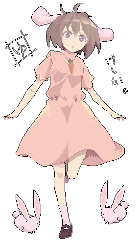 buriki, inaba tewi, touhou, lowres, 1girl, animal ears, brown eyes, brown hair, carrot, carrot necklace, dress, female focus, jewelry, necklace, rabbit, rabbit ears, short hair, solo