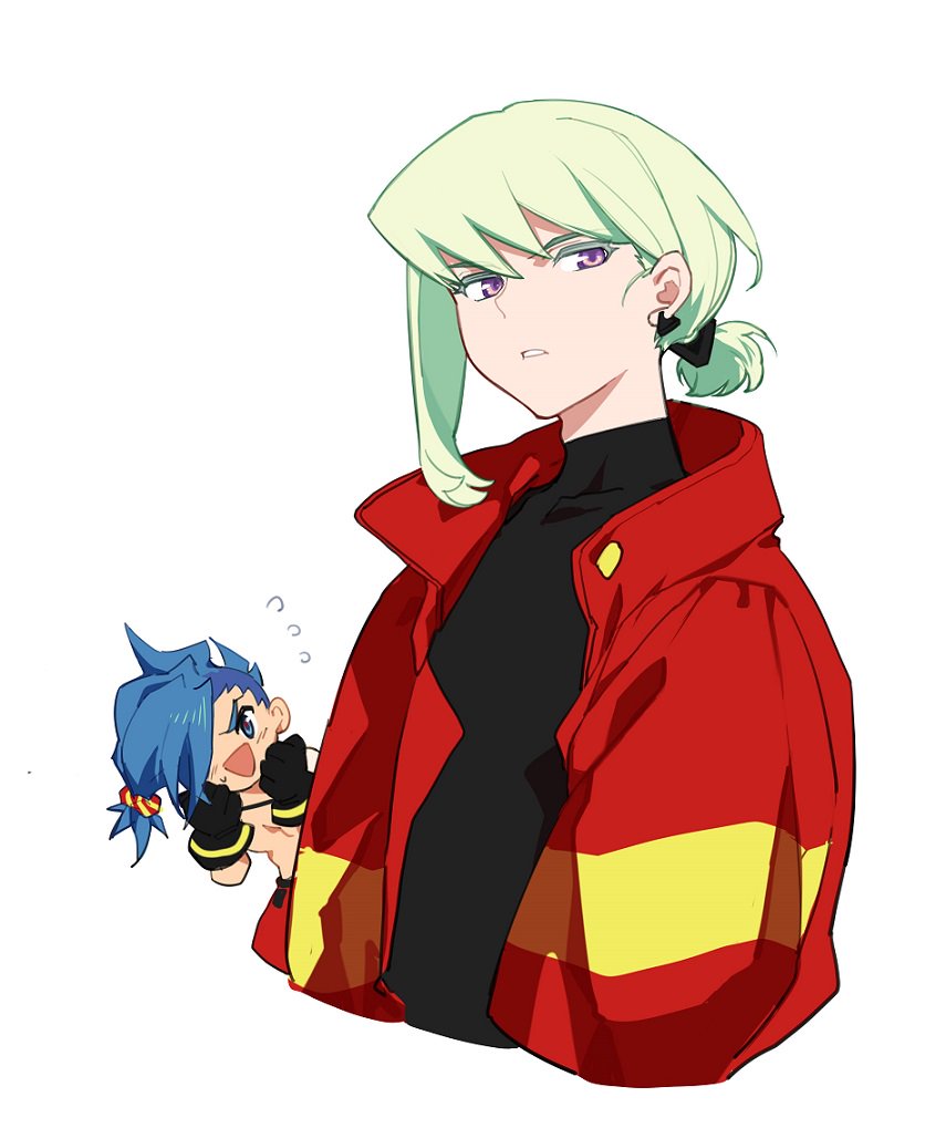 jionghai, galo thymos, lio fotia, promare, 2boys, black shirt, blue eyes, blue hair, chibi, colored eyelashes, green hair, hair behind ear, jacket, looking at viewer, male focus, mohawk, multiple boys, ponytail, purple eyes, red jacket, shirt, short hair, short hair with long locks, short ponytail, sidelocks, simple background, sparkle, white background