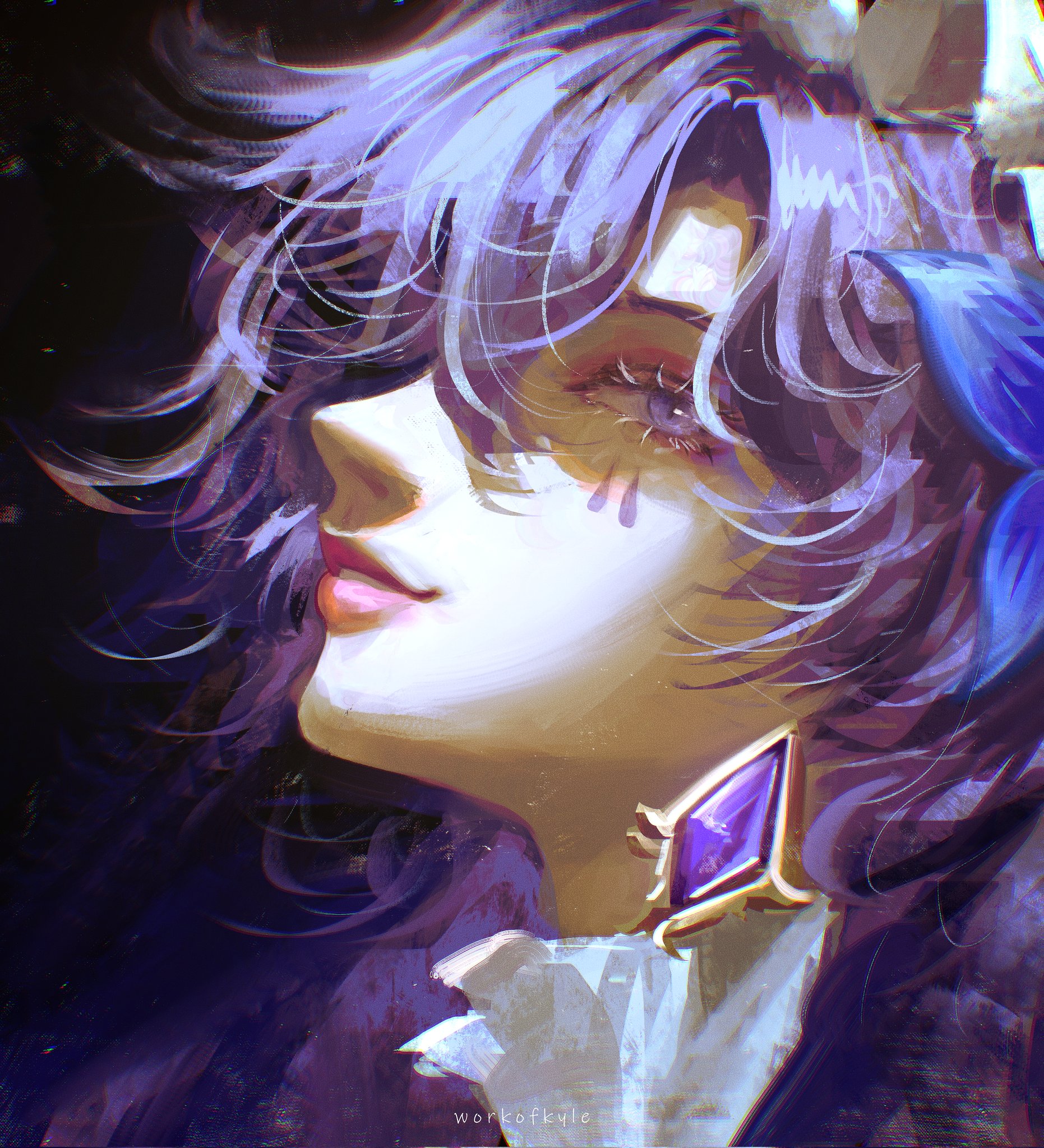 workofkyle, cantarella (wuthering waves), wuthering waves, commentary, english commentary, highres, 1girl, art study, artist name, blue flower, chromatic aberration, earrings, facial mark, flower, from side, hair flower, hair ornament, jewelry, long hair, looking at viewer, mark under eye, parted lips, portrait, profile, purple eyes, purple hair, sideways glance, solo
