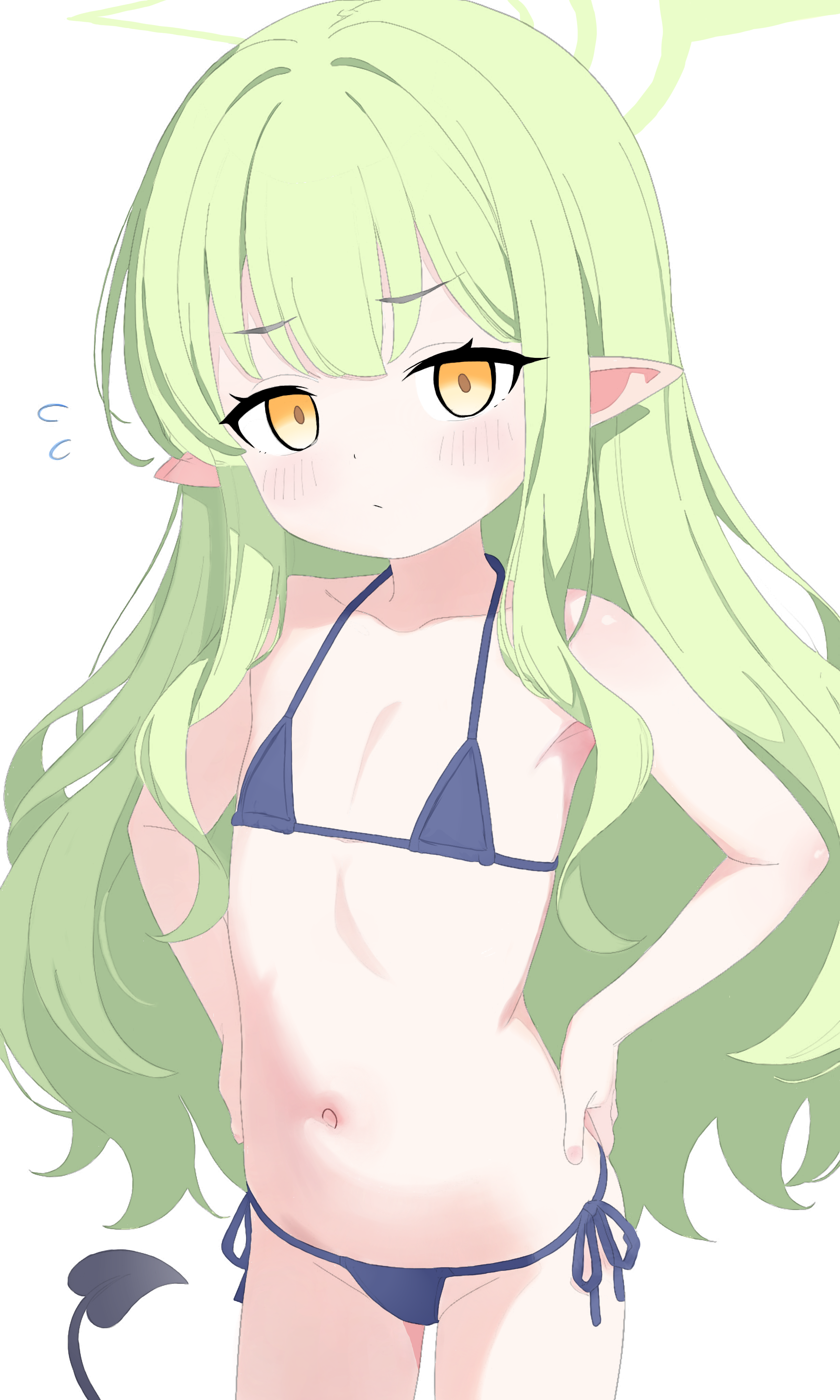 risa rierisa, hikari (blue archive), blue archive, absurdres, commentary, highres, 1girl, alternate costume, bikini, black bikini, breasts, cleavage, collarbone, cowboy shot, demon girl, demon tail, earrings, flat chest, flying sweatdrops, green hair, green halo, groin, hair between eyes, halo, hands on own hips, jewelry, long hair, looking at viewer, navel, pointy ears, side-tie bikini bottom, sidelocks, solo, stomach, swimsuit, tail, white background, yellow eyes
