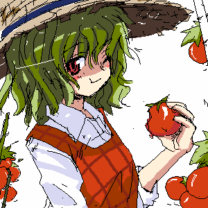 kazami yuuka, touhou, lowres, 1girl, blouse, collared shirt, eating, female focus, green hair, hair between eyes, hat, oekaki, one eye closed, plaid clothes, plaid vest, red eyes, shirt, short hair, solo, straw hat, tomato, vest, white background, white shirt