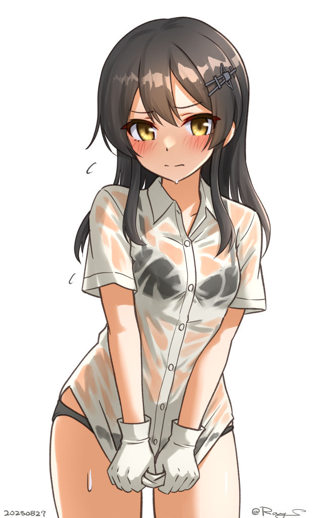 ray.s, oyashio (kancolle), kantai collection, 1girl, black bra, black hair, black panties, blush, bra, breasts, covering privates, dated, dress shirt, embarrassed, gloves, hair ornament, hairclip, long hair, looking at viewer, one-hour drawing challenge, panties, see-through clothes, see-through shirt, shirt, short sleeves, solo, twitter username, underwear, wet, wet clothes, wet shirt, white background, white gloves, white shirt