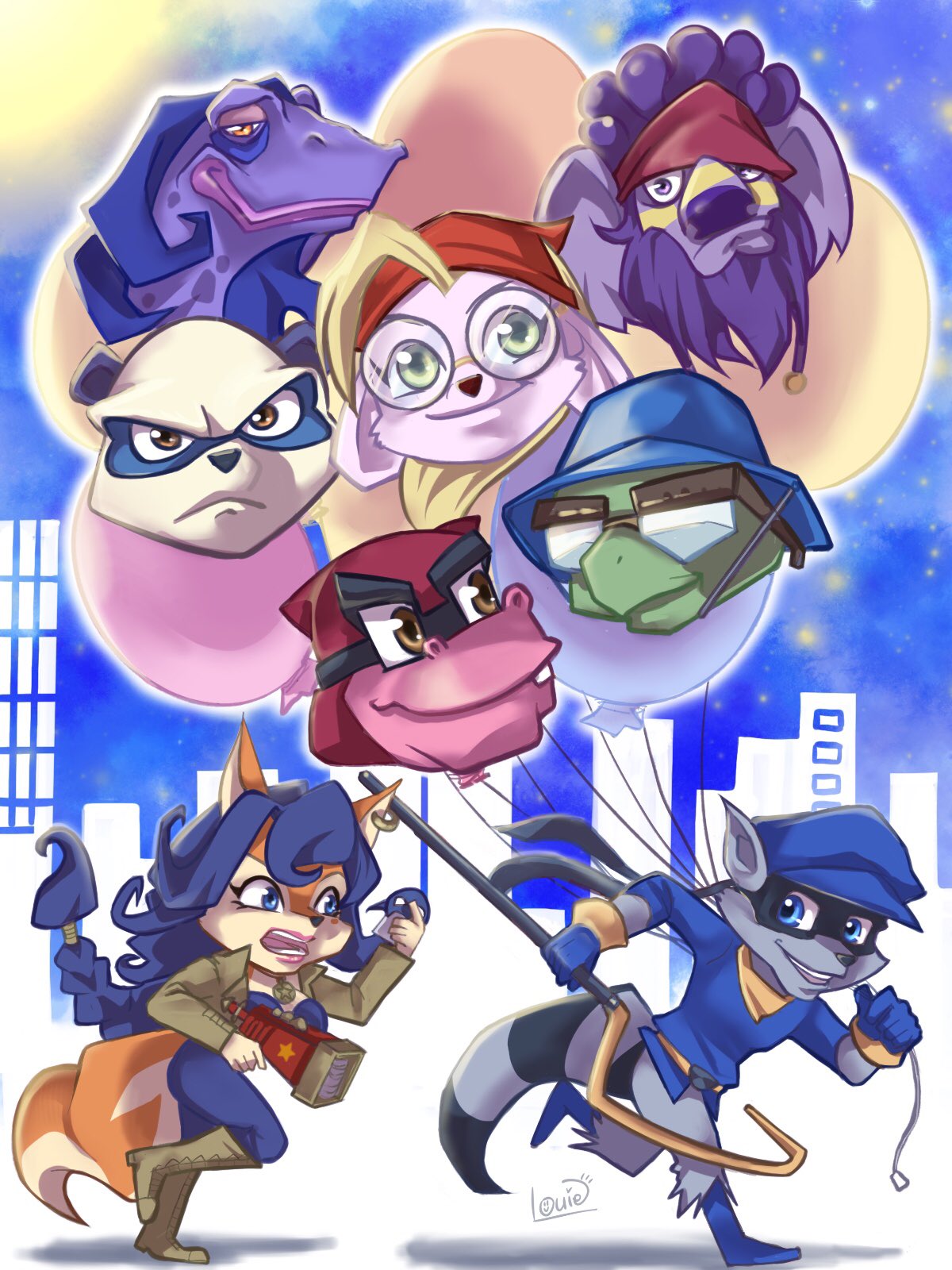 lovers nero, carmelita fox, sly cooper, sly cooper (series), commentary request, highres, 2girls, 6+boys, angry, balloon, bentley (sly cooper), blue hair, blue hat, blue shirt, cane, chameleon boy, chasing, coat, dimitri lousteau, fox girl, glasses, grey fur, grin, gun, hat, hippopotamus boy, holding, holding balloon, holding gun, holding weapon, koala boy, looking at another, masked, mouse girl, multiple boys, multiple girls, murray (sly cooper), orange fur, panda boy, panda king (sly cooper), penelope (sly cooper), raccoon boy, shirt, smile, the guru (sly cooper), turtle boy, weapon