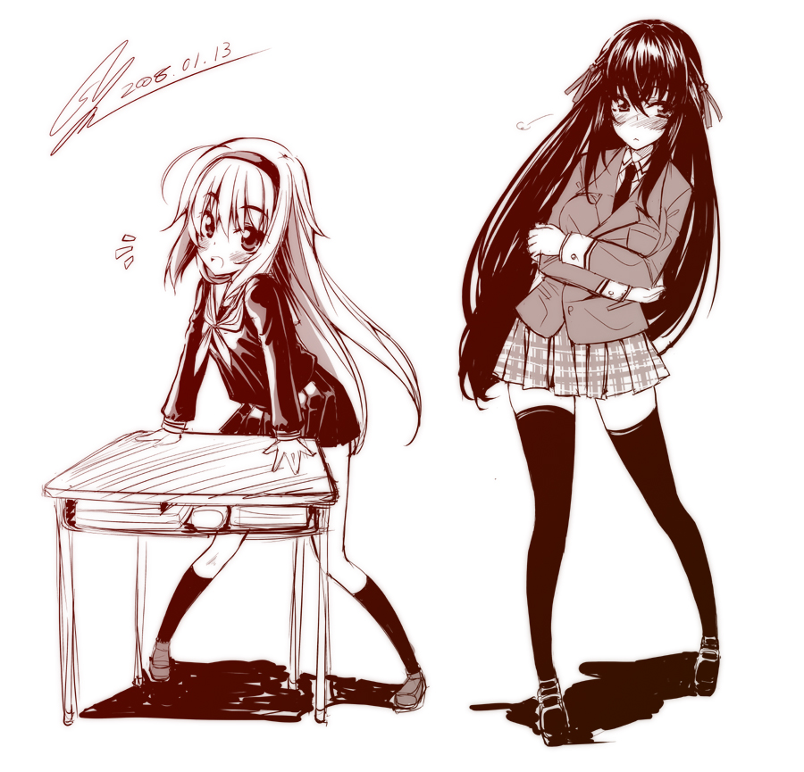 kawakami shuuichi, shu (artist), original, 2girls, blazer, blush, desk, jacket, monochrome, multiple girls, red theme, school uniform, serafuku, thighhighs, zettai ryouiki