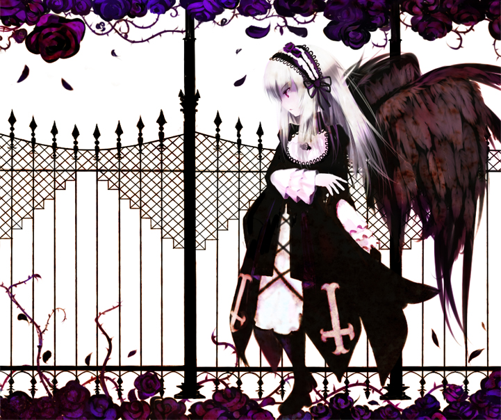 sorethroat, suigintou, rozen maiden, looking away, 00s, 1girl, black dress, black wings, comic, cross-laced clothes, dress, female focus, frills, hairband, lolita hairband, long hair, long sleeves, looking afar, looking to the side, pink eyes, silent comic, solo, standing, very long hair, wings