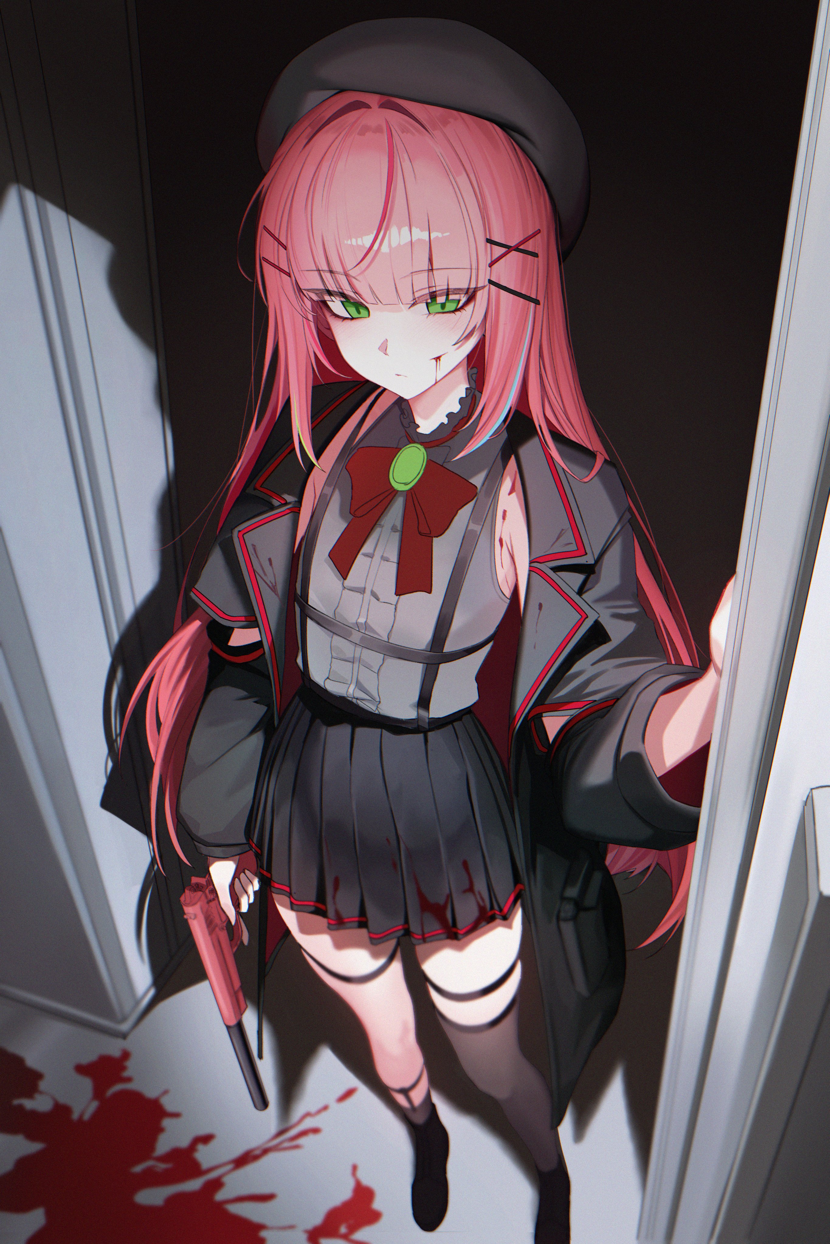 orn, hanako nana, stellive, absurdres, highres, 1girl, armpit crease, black coat, black hat, black shoes, black skirt, blood, blood on face, blood on shoulder, bow, bowtie, brown thighhighs, chest harness, coat, expressionless, full body, green eyes, grey shirt, gun, handgun, harness, hat, holding, holding gun, holding weapon, long hair, long sleeves, looking at viewer, multicolored hair, open clothes, open coat, pink hair, pleated skirt, shirt, shoes, single thighhigh, skirt, sleeveless, sleeveless shirt, solo, standing, streaked hair, thigh strap, thighhighs, very long hair, virtual youtuber, weapon