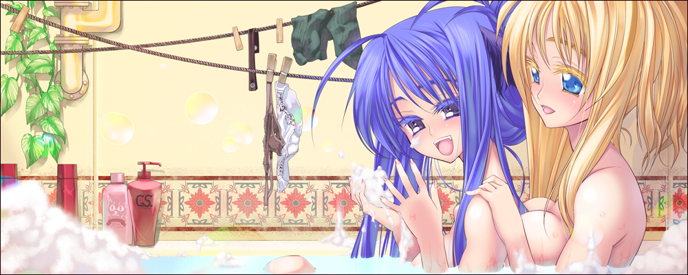 coffee cat, original, 2girls, bath, blonde hair, blue eyes, blue hair, breasts, bubble, long hair, multiple girls, nude, purple eyes