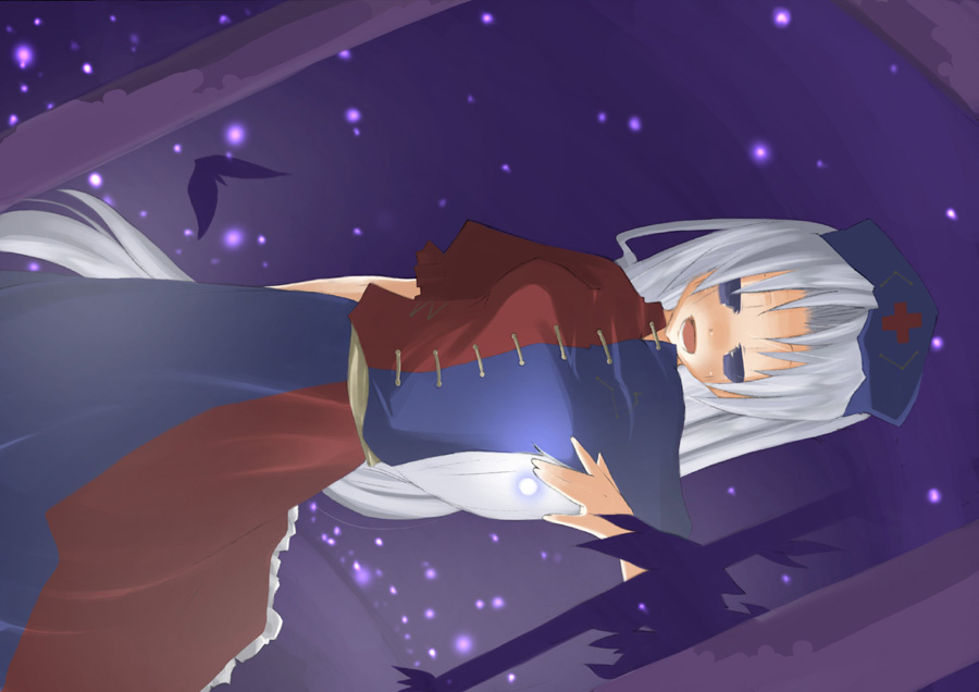 yagokoro eirin, touhou, 1girl, dress, female focus, night, night sky, sky, solo, star (sky), star (symbol), starry sky, two-tone dress