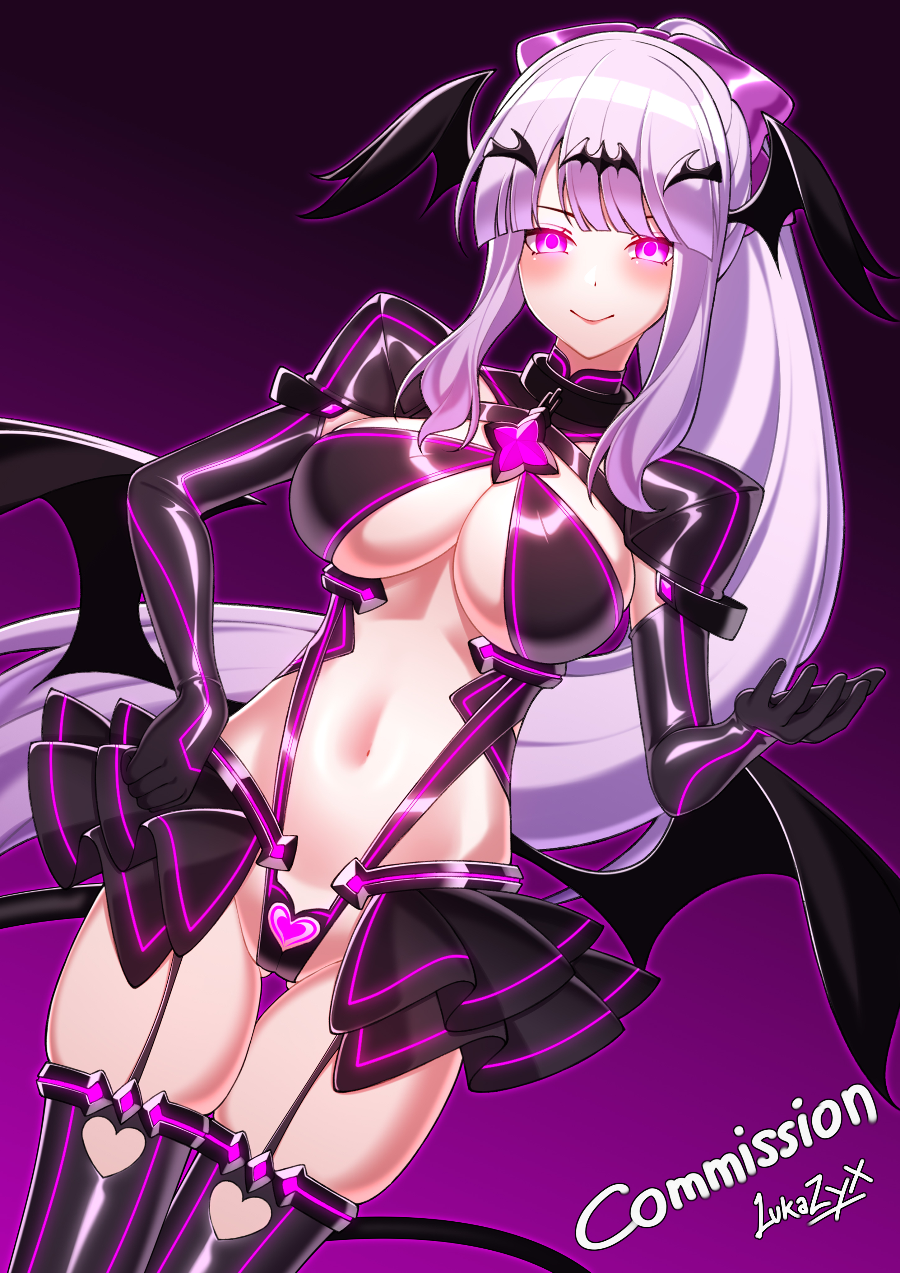 leiva, liberator azarin (exs-tia), takimoto hifumi, kouyoku senki exs-tia, new game!, absurdres, highres, variant set, 1girl, artist name, black gloves, black skirt, blush, bow, breasts, cleavage, closed mouth, clothing cutout, corruption, cosplay, dark persona, demon girl, demon tail, demon wings, dutch angle, elbow gloves, garter straps, gloves, glowing, glowing eyes, gradient background, hair bow, hair ornament, hand on own hip, heart cutout, large breasts, latex, liberator (exs-tia), liberator azarin (exs-tia) (cosplay), long hair, looking at viewer, navel, pink eyes, ponytail, purple background, purple eyes, purple hair, purple trim, revealing clothes, shiny clothes, showgirl skirt, shrug (clothing), sidelocks, signature, skindentation, skirt, smile, solo, stomach, tail, thigh gap, thighhighs, thighs, very long hair, wings