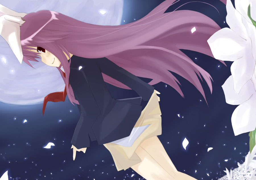 reisen udongein inaba, touhou, 1girl, animal ears, female focus, flower, moon, nature, outdoors, plant, rabbit ears, skirt, sky, solo