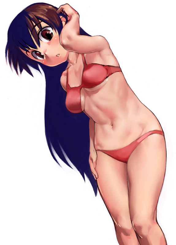 pi-po, satou toshiyuki, photoshop (medium), 1girl, adjusting hair, arm up, bikini, blush, breasts, brown eyes, brown hair, feet out of frame, female focus, hand on own hip, linea alba, long hair, looking at viewer, medium breasts, navel, parted lips, red bikini, ribs, simple background, solo, standing, stomach, swimsuit, triangle mouth, very long hair, white background