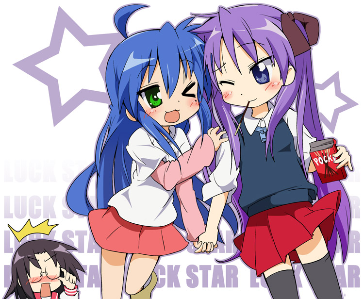 ixy, hiiragi kagami, izumi konata, tamura hiyori, lucky star, 00s, 3girls, casual, food, holding hands, mole, mole under eye, multiple girls, pocky