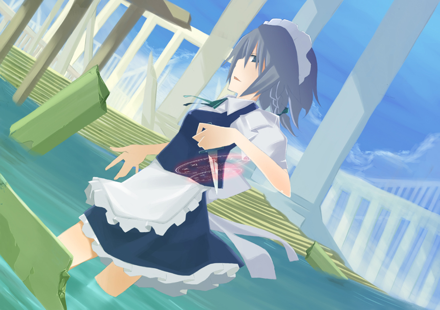 chig (mizusaki), mizumisaki, izayoi sakuya, touhou, silver hair, 1girl, braid, female focus, knife, short hair, solo, throwing knife, twin braids, water, weapon