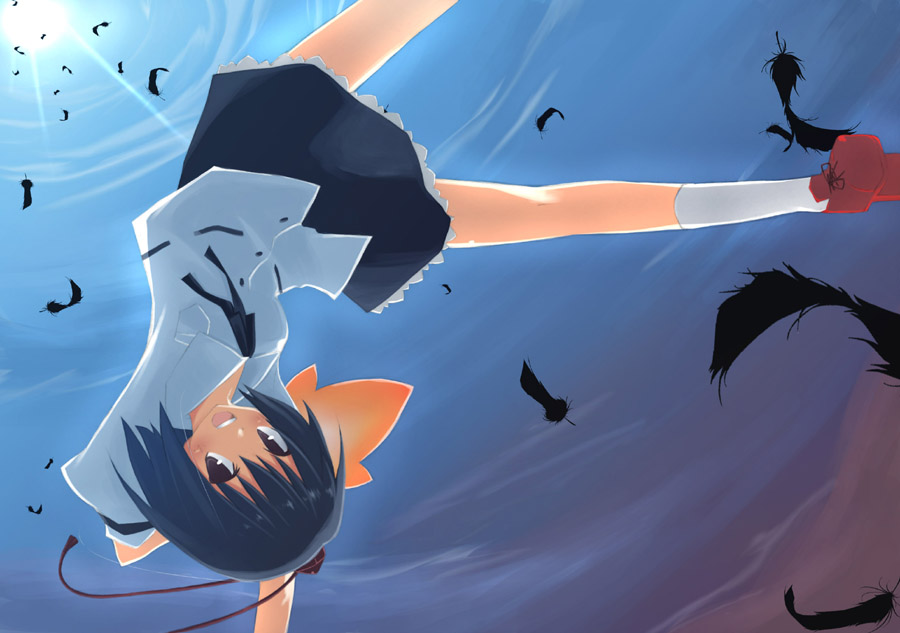 chig (mizusaki), mizumisaki, shameimaru aya, touhou, 1girl, female focus, geta, skirt, solo, tengu-geta, upside-down