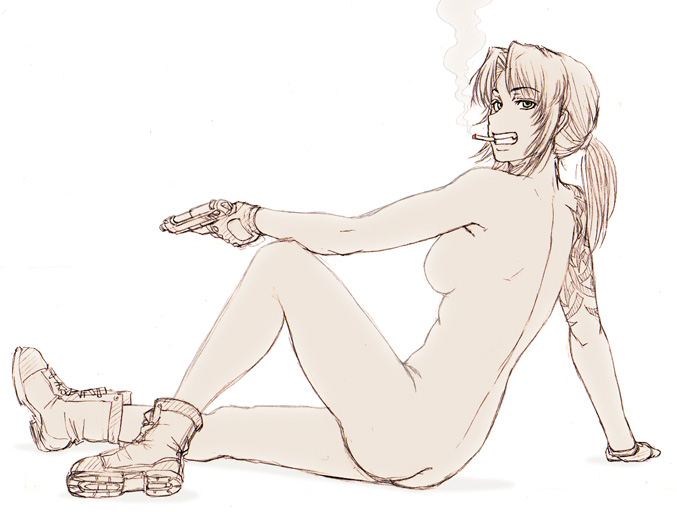 ogino atsushi, revy (black lagoon), black lagoon, 00s, 1girl, arm support, ass, breasts, cigarette, female focus, gun, handgun, medium breasts, monochrome, nude, pistol, sepia, smoking, solo, tattoo, teeth, weapon