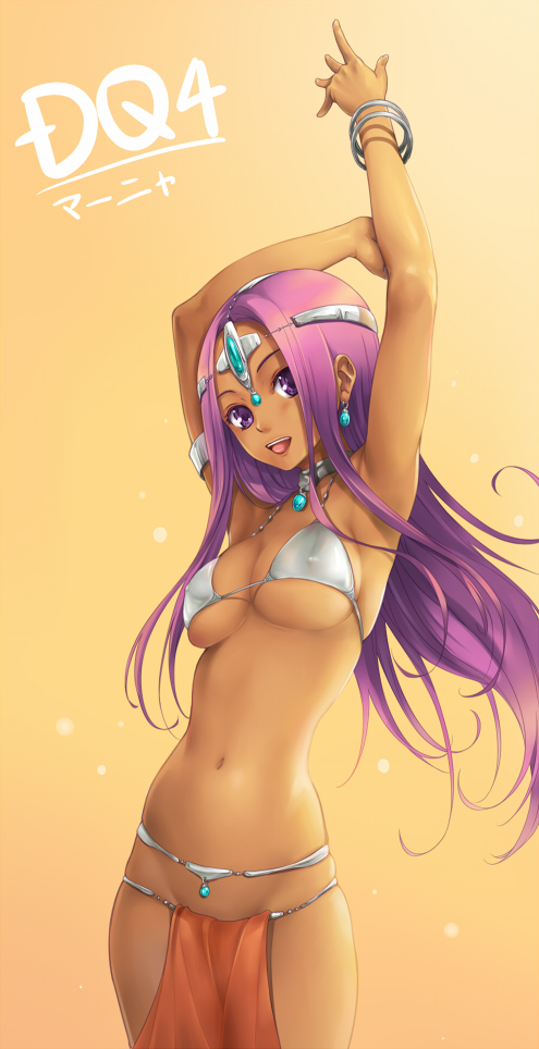 akamaru, manya (dq4), chunsoft, dragon quest, dragon quest iv, enix, 1girl, bikini, bikini top only, circlet, dancer, dark-skinned female, dark skin, female focus, groin, hat, jewelry, loincloth, long hair, lots of jewelry, no panties, pelvic curtain, purple eyes, purple hair, see-through clothes, solo, swimsuit