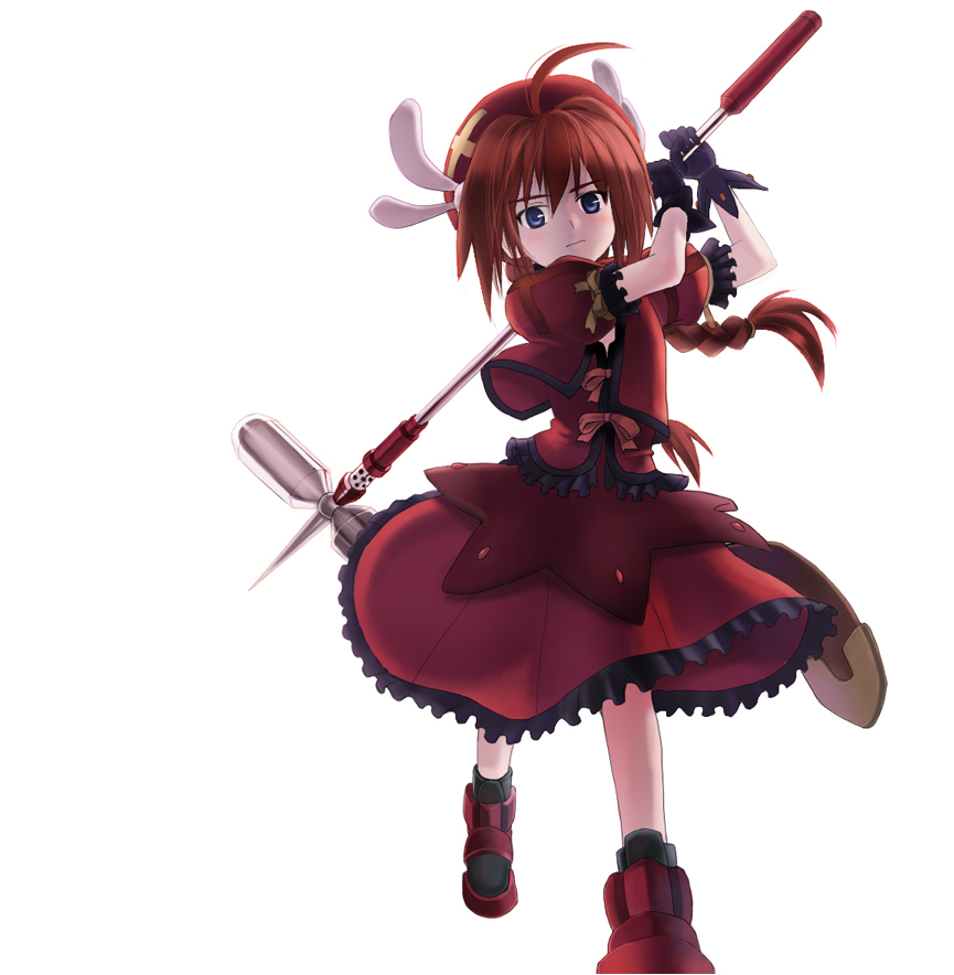 sorethroat, graf eisen, vita (nanoha), lyrical nanoha, mahou shoujo lyrical nanoha, mahou shoujo lyrical nanoha a's, 00s, 1girl, ahoge, ankle boots, beret, boots, braid, dress, female focus, full body, hammer, hat, holding, holding weapon, looking at viewer, puffy short sleeves, puffy sleeves, red dress, short sleeves, simple background, solo, spikes, twin braids, walking, weapon, white background