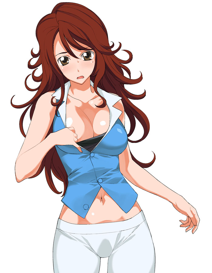 a1 (initial-g), sumeragi lee noriega, gundam, gundam 00, 00s, 1girl, breasts, brown eyes, brown hair, cleavage, female focus, long hair, midriff, navel, solo