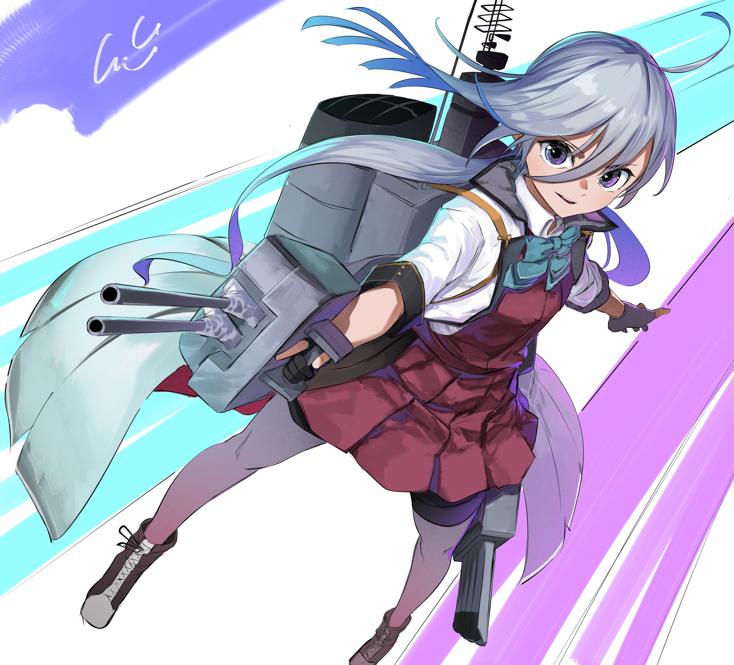 gegesan, kiyoshimo (kancolle), kiyoshimo kai ni (kancolle), kantai collection, turret, highres, 1girl, adapted turret, ahoge, aqua bow, aqua bowtie, belt, black gloves, bow, bowtie, cannon, coat, colorful background, dress, full body, gloves, grey coat, grey eyes, grey hair, grey thighhighs, hair between eyes, halter dress, halterneck, holding, holding turret, long hair, looking at viewer, low twintails, machinery, partially fingerless gloves, purple dress, radar, rigging, ship turret, signature, smokestack, solo, thighhighs, torpedo launcher, torpedo tubes, twintails, utility belt, white background