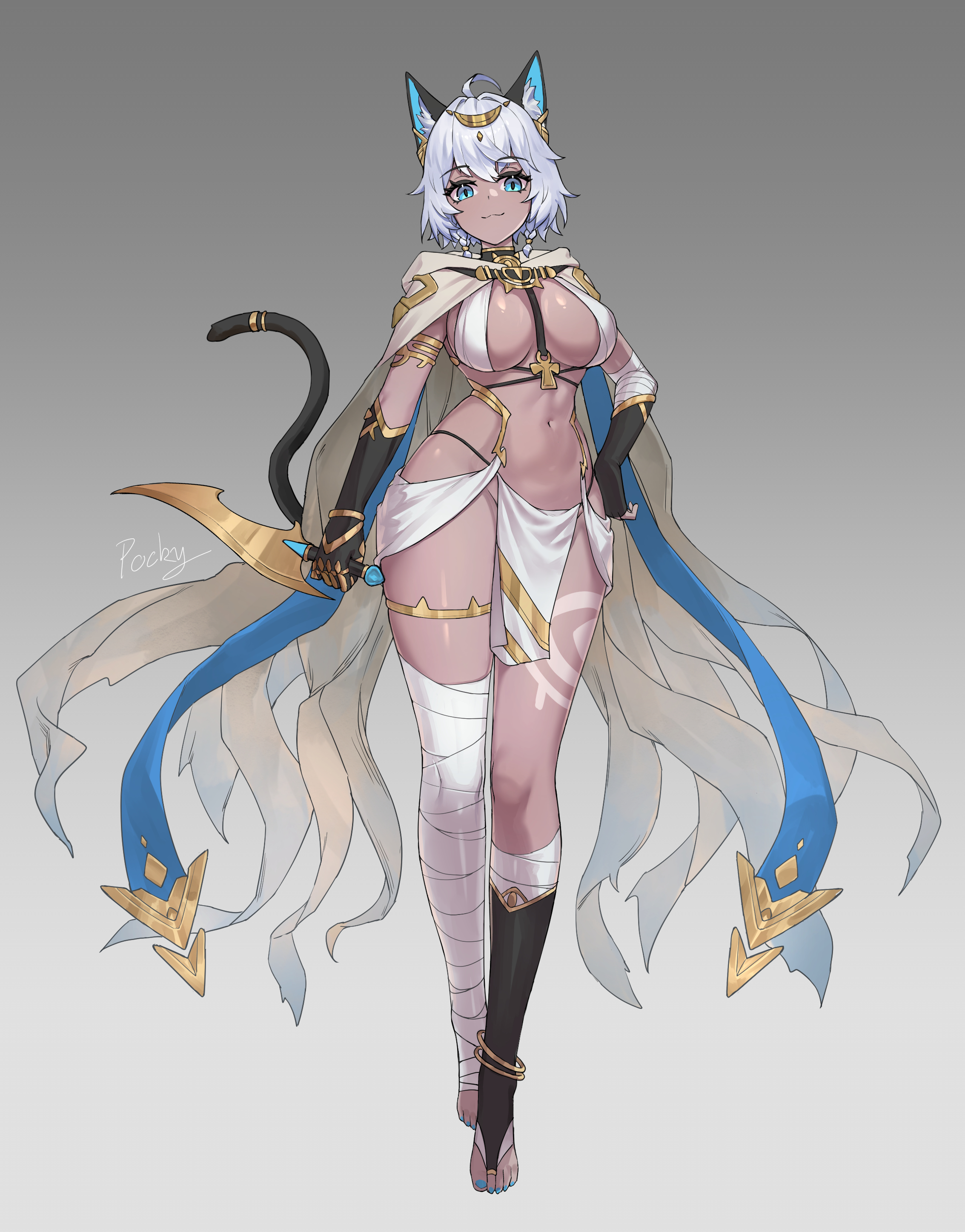 little nine, original, gold armlet, absurdres, commentary request, highres, 1girl, :3, ahoge, ancient egyptian clothes, animal ear fluff, animal ears, ankh, bandaged arm, bandaged leg, bandages, between breasts, bikini, bikini top only, black gloves, blue eyes, blue nails, breasts, bridal legwear, cat ears, cat girl, cat tail, cloak, colored inner animal ears, dagger, dark-skinned female, dark skin, elbow gloves, fingerless gloves, full body, gloves, gold thighlet, holding, holding dagger, holding knife, holding weapon, knife, large breasts, looking at viewer, nail polish, navel, pelvic curtain, short hair, simple background, single fingerless glove, sling bikini top, slit pupils, standing, stomach, strap between breasts, swimsuit, tail, tan, tan tattoo, toenail polish, toenails, toes, weapon, white bikini, white cloak, white hair