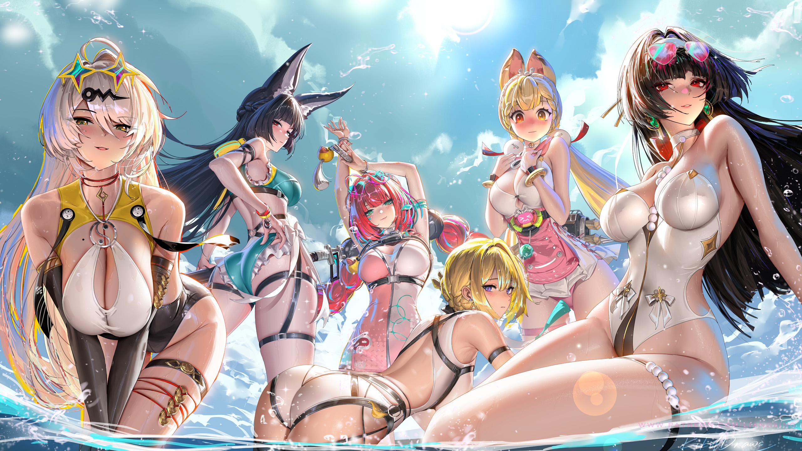 liang xing, alice thymefield, alice thymefield (sea of thyme), astra yao, evelyn chevalier, hoshimi miyabi, kamanosuke (zenless zone zero), tailless (zenless zone zero), ukinami yuzuha, ukinami yuzuha (tanuki in broad daylight), yixuan (zenless zone zero), zenless zone zero, commentary, english commentary, highres, 6+girls, adapted costume, alternate costume, animal ears, arm rest, arm strap, armpit crease, armpits, arms up, artist name, ass, bare shoulders, bikini, black gloves, black hair, blonde hair, blue sky, blush, bracelet, braid, breasts, cleavage, closed mouth, cloud, cup, day, dress swimsuit, drinking glass, drinking straw, dutch angle, earrings, elbow gloves, fingerless gloves, floating hair, from behind, from below, gloves, green bikini, green eyes, hair between eyes, heart, heart-shaped eyewear, heterochromia, highleg, highleg one-piece swimsuit, holding, huge breasts, jewelry, large breasts, leaning forward, lens flare, long hair, looking at viewer, looking back, looking down, low twintails, mole, mole on chest, multiple girls, official alternate costume, one-piece swimsuit, open mouth, outdoors, parted lips, partially submerged, patreon username, pool, purple eyes, rabbit ears, rabbit girl, raccoon, red eyes, red hair, sitting, sky, smile, standing, sunglasses, sunlight, swimsuit, teeth, thigh strap, thighs, twintails, umbrella, very long hair, water, weapon, wet, white one-piece swimsuit, yellow eyes