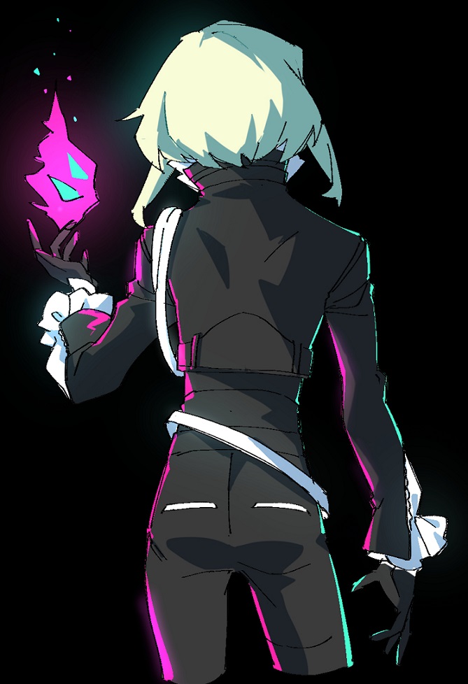 jionghai, lio fotia, promare, 1boy, black background, black gloves, black jacket, black pants, cropped legs, fire, frilled sleeves, frills, from behind, gloves, green hair, jacket, male focus, pants, pink fire, short hair, simple background, solo