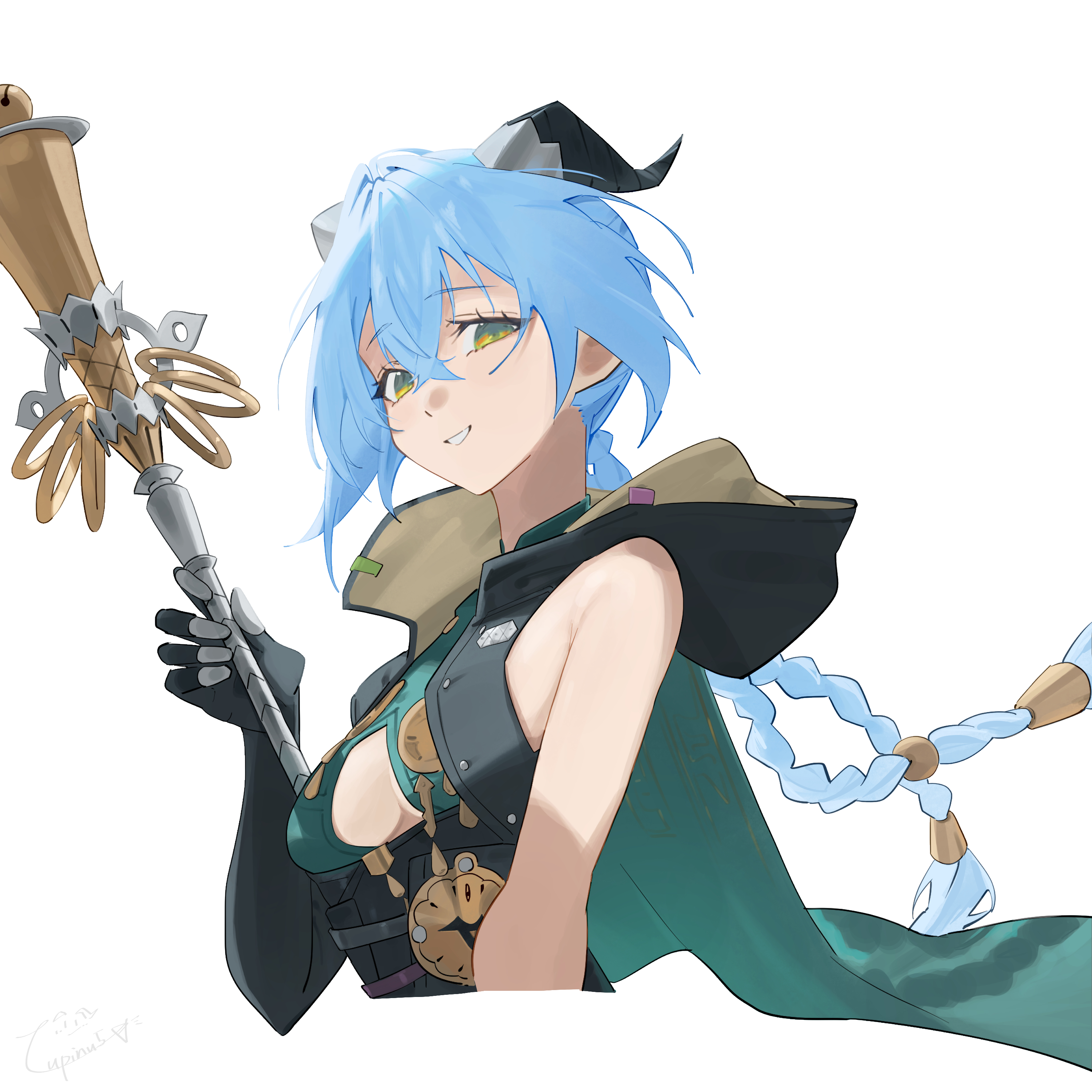 lupinu5, lucia (zenless zone zero), zenless zone zero, absurdres, highres, 1girl, ahoge, bare shoulders, blue hair, braid, breasts, cleavage, goat horns, green eyes, holding, horns, long hair, looking at viewer, low twin braids, simple background, small breasts, smile, solo, staff, twin braids, yellow eyes