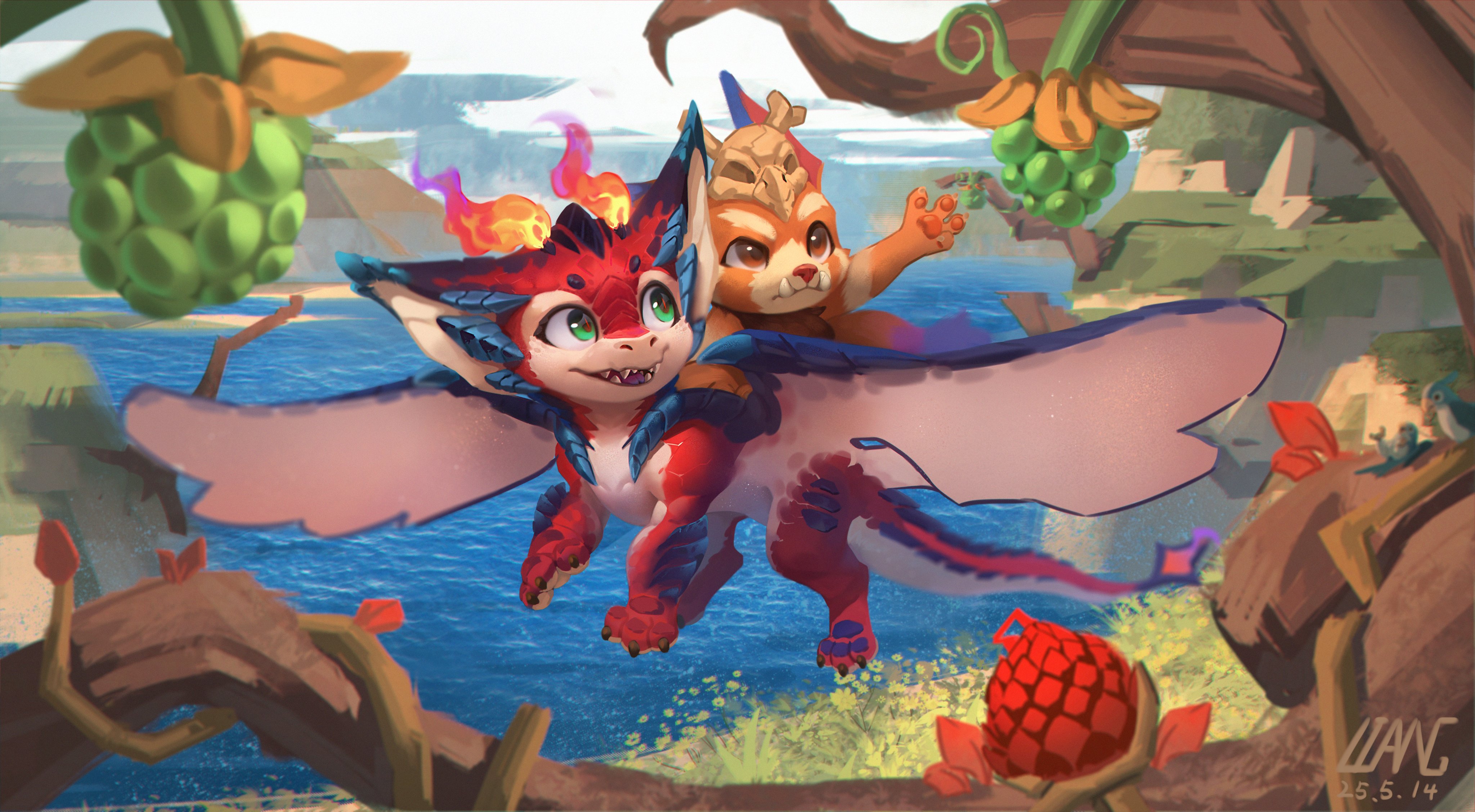 supechips, gnar (league of legends), smolder (league of legends), league of legends, absurdres, chinese commentary, commentary request, highres, artist name, cloud, creature, dated, dragon, fangs, fire, flying, food, fruit, full body, green eyes, no humans, orange eyes, outdoors, outstretched hand, reaching, riding dragon, tail, western dragon