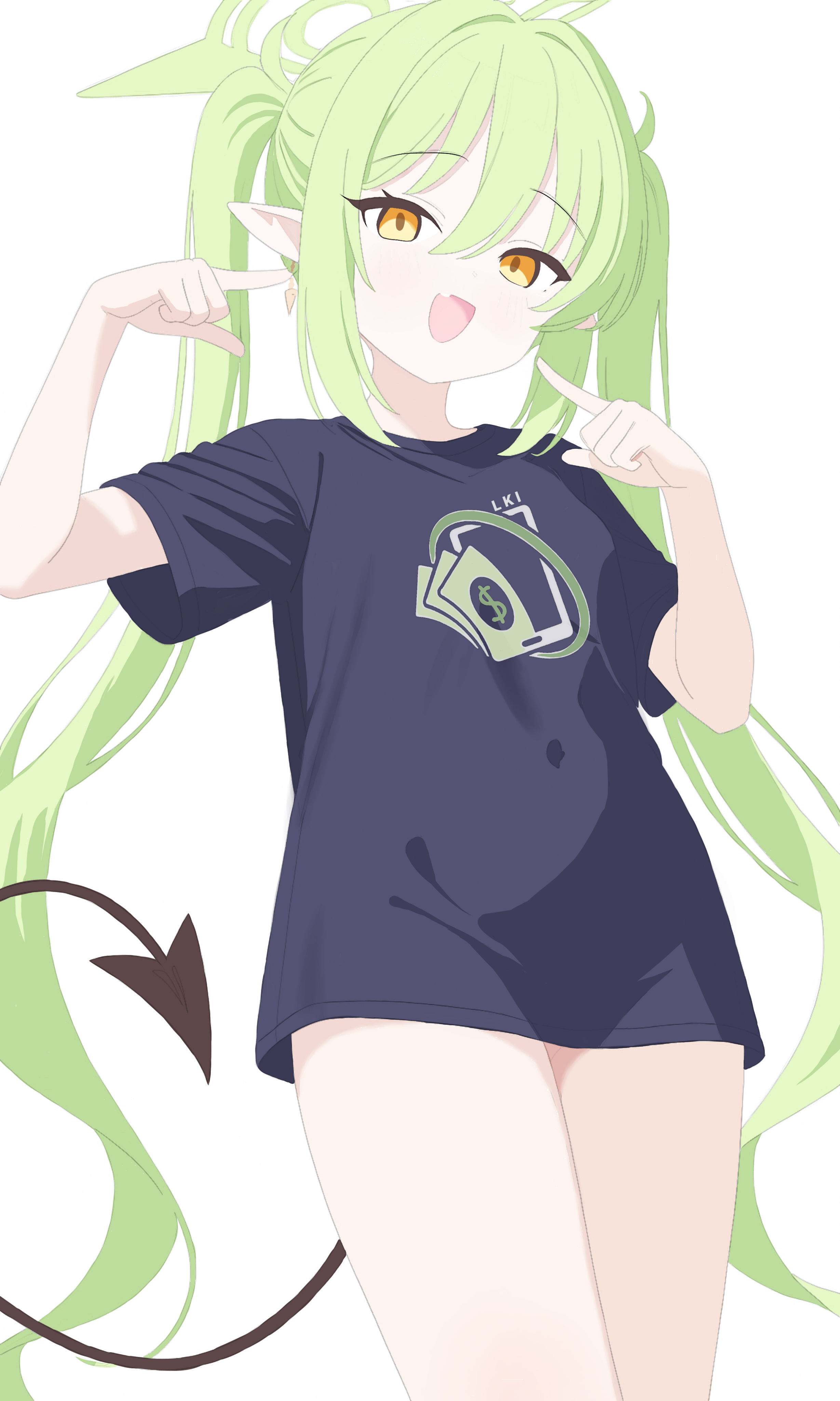 risa rierisa, nozomi (blue archive), blue archive, absurdres, commentary, highres, 1girl, :d, alternate costume, black shirt, cowboy shot, demon horns, demon tail, earrings, fang, fingers to cheeks, green hair, green halo, hair between eyes, halo, horns, indonesian commentary, jewelry, long hair, looking at viewer, open mouth, oversized clothes, oversized shirt, pointy ears, print shirt, shirt, short sleeves, sidelocks, simple background, smile, solo, t-shirt, tail, twintails, white background, yellow eyes