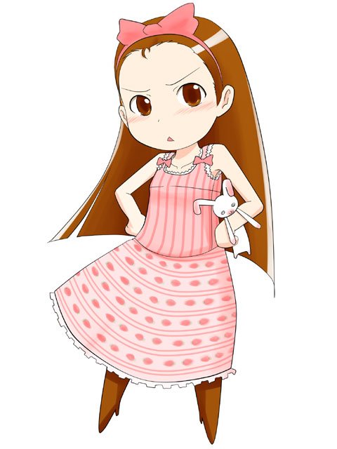 takehito, minase iori, idolmaster, idolmaster (classic), idolmaster 1, 00s, 1girl, armpits, bare shoulders, bow, brown hair, chibi, collarbone, dress, female focus, hair bow, hairband, holding, long hair, looking at viewer, pink dress, red bow, red eyes, sleeveless, sleeveless dress, solo, stuffed animal, stuffed rabbit, stuffed toy, very long hair