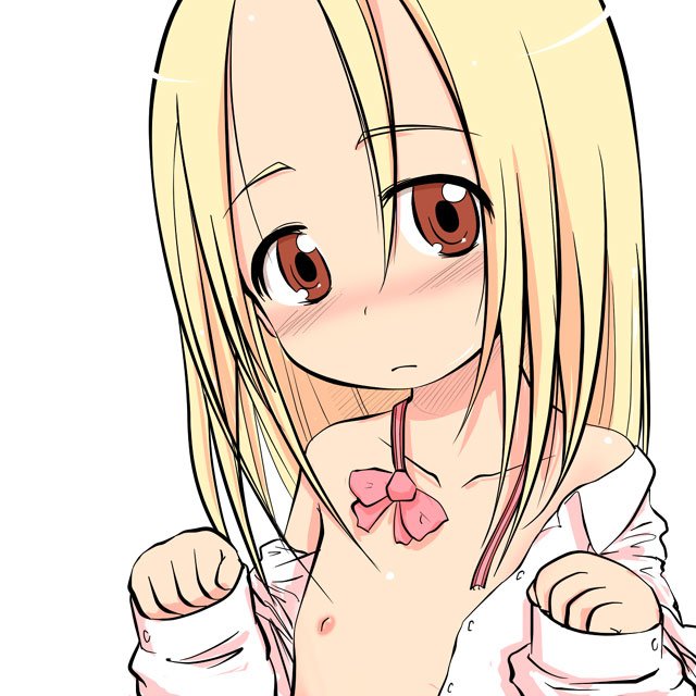 takehito, original, 1girl, blonde hair, blush, brown eyes, collarbone, female focus, flat chest, loli, long hair, long sleeves, looking at viewer, nipples, no bra, open clothes, open shirt, paw pose, shirt, sleeves past wrists, small nipples, solo