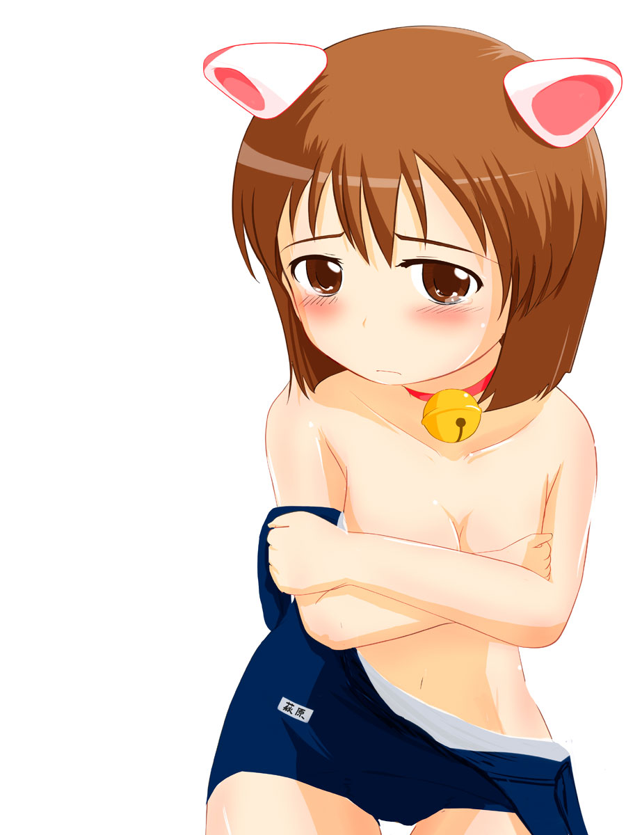 takehito, hagiwara yukiho, idolmaster, idolmaster (classic), idolmaster 1, highres, 00s, 1girl, animal ears, cat ears, female focus, one-piece swimsuit, school swimsuit, solo, swimsuit, topless female