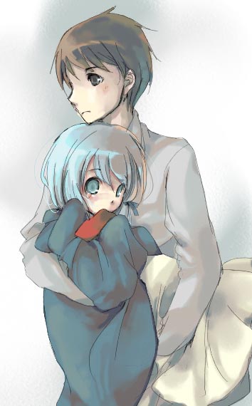 murakami, murakami mame, original, 1boy, 1girl, black eyes, blue eyes, blue hair, brown hair, carrying, oversized clothes, petite