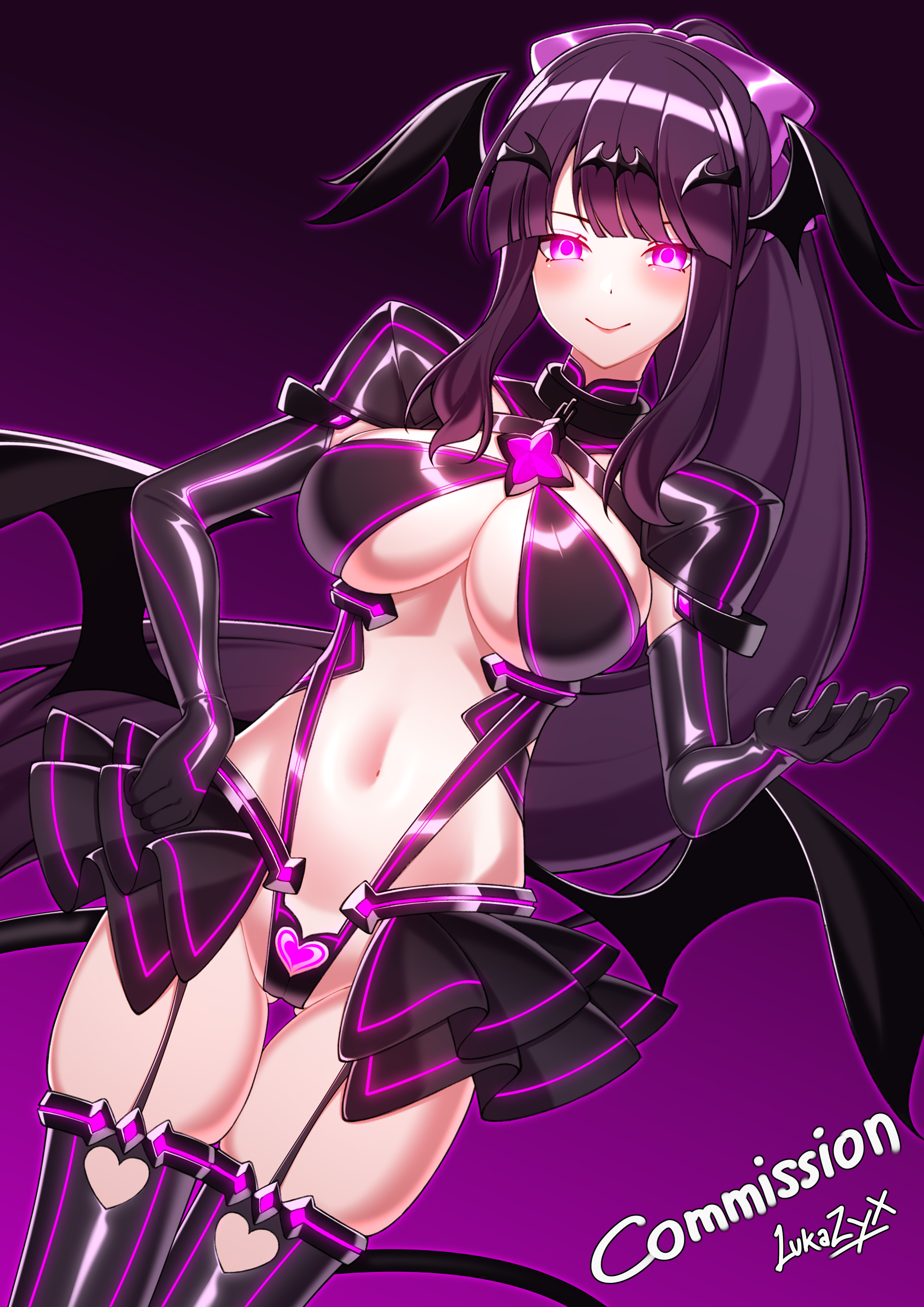 leiva, liberator azarin (exs-tia), takimoto hifumi, kouyoku senki exs-tia, new game!, absurdres, commission, highres, variant set, 1girl, artist name, bat wings, black gloves, black hair, black skirt, blush, bow, breasts, cleavage, closed mouth, clothing cutout, corruption, cosplay, dark persona, demon girl, demon tail, demon wings, elbow gloves, garter straps, gloves, glowing, glowing eyes, hair bow, hair ornament, hand on own hip, head wings, heart cutout, large breasts, latex, liberator (exs-tia), liberator azarin (exs-tia) (cosplay), long hair, looking at viewer, low wings, microskirt, navel, pink eyes, ponytail, purple background, purple eyes, purple hair, purple trim, revealing clothes, shiny clothes, showgirl skirt, shrug (clothing), signature, skindentation, skirt, smile, solo, stomach, tail, thigh gap, thighhighs, thighs, very long hair, wings